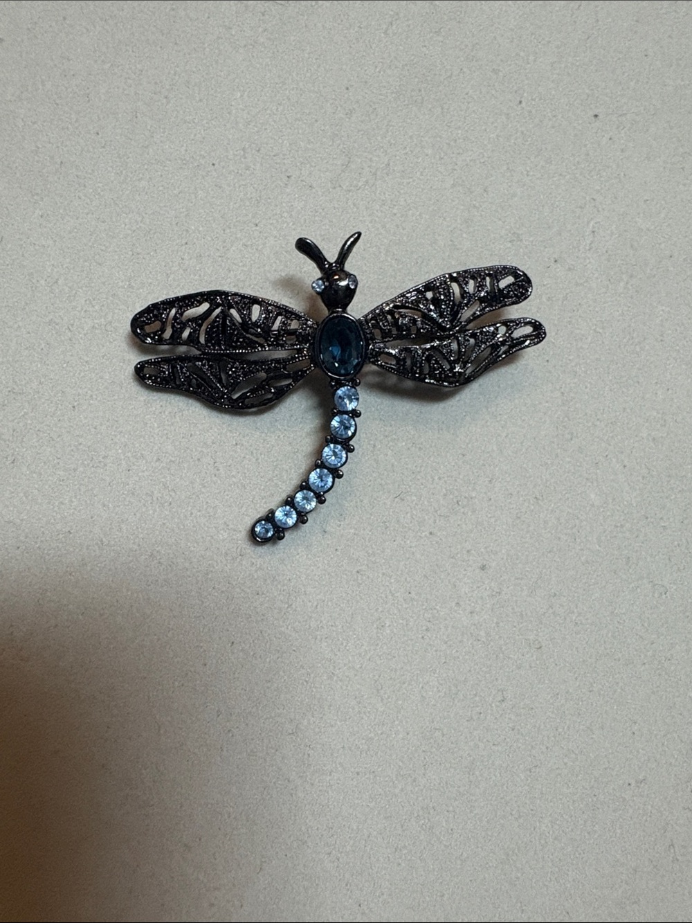 1928 Vintage Dragonfly Rhinestone Brooch in Dark Metal